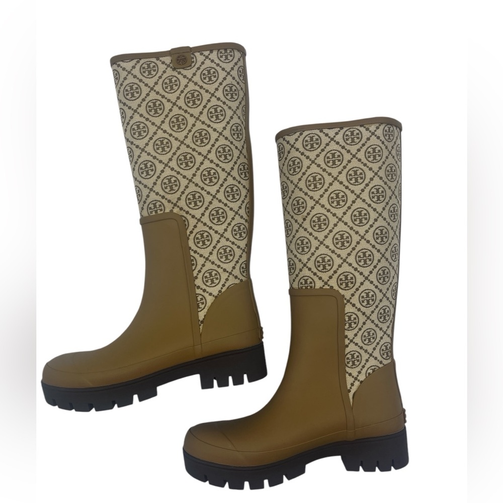 Tory Burch monogrammed Tan and Cream Canvas and Rubber Boots